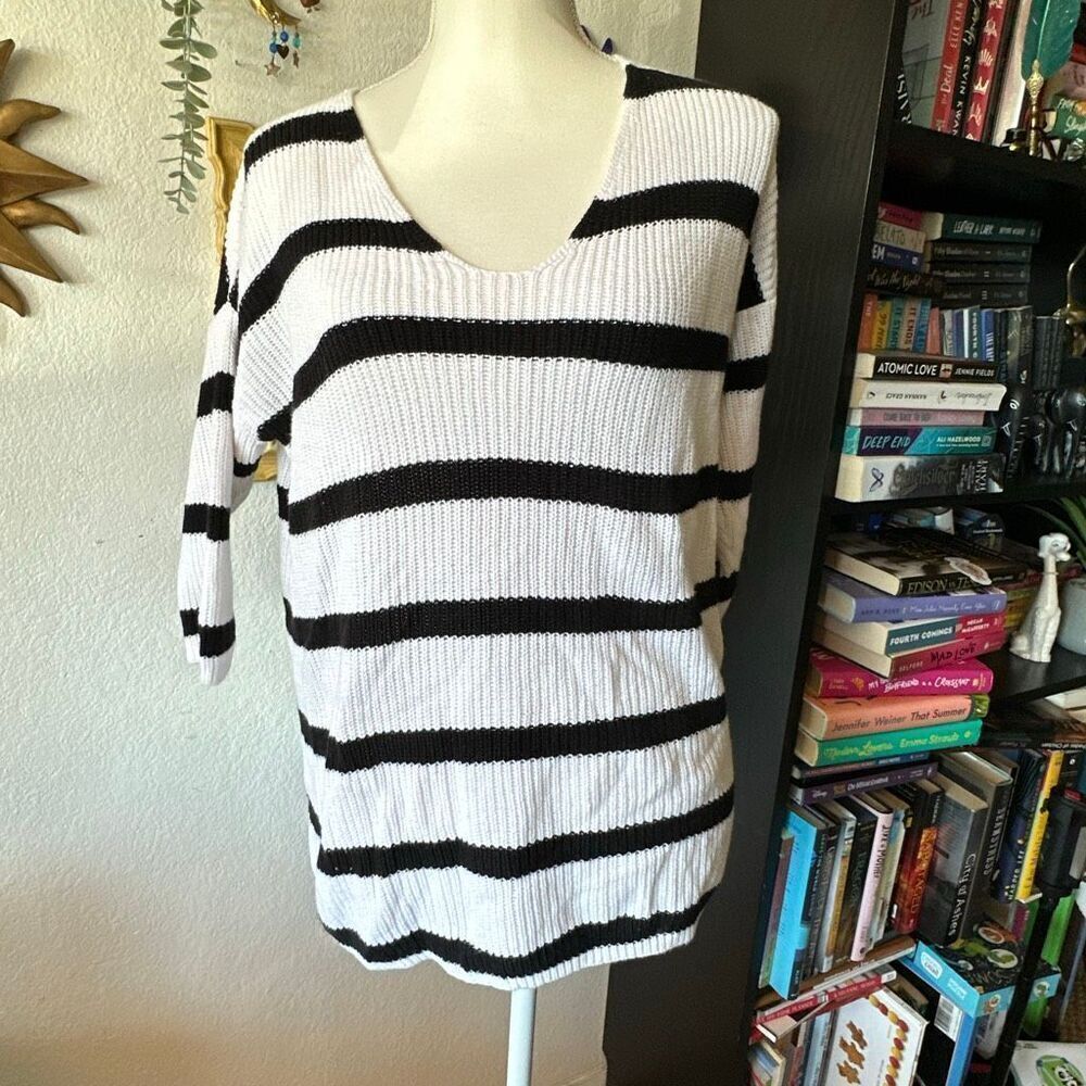 Attention Size Small Black & White Striped 3/4 sleeve sweater
